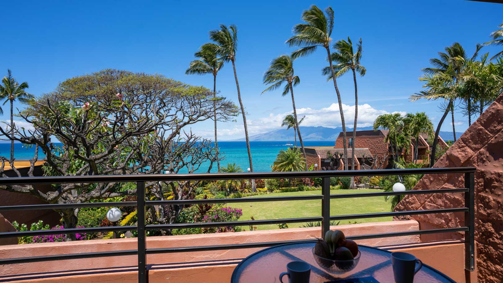 A breathtaking view from the balcony overseeing the blue ocean at VRI's Kuleana Club in Maui, Hawaii.